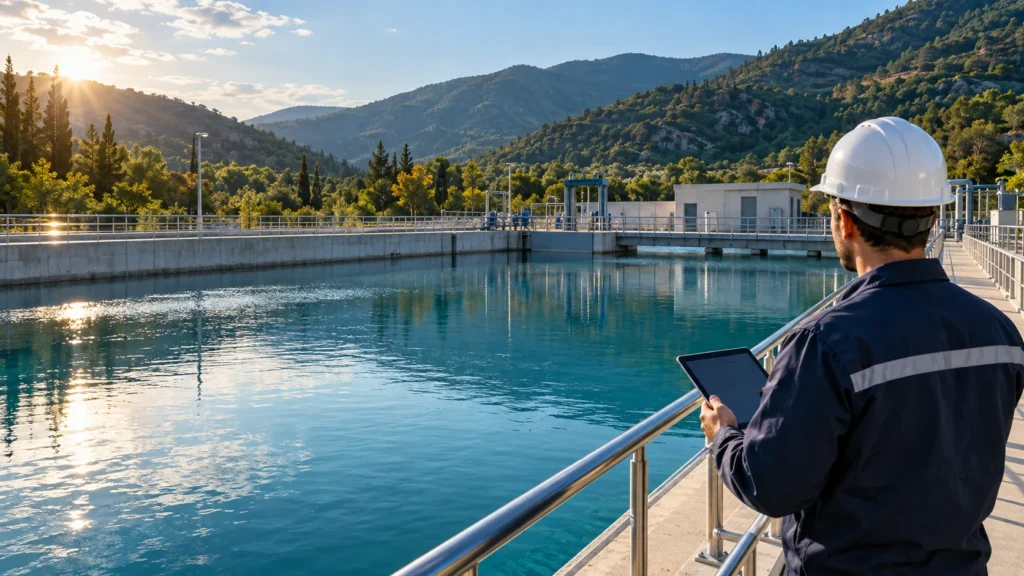 Su yönetimi tesisini tablet ile izleyen mühendis